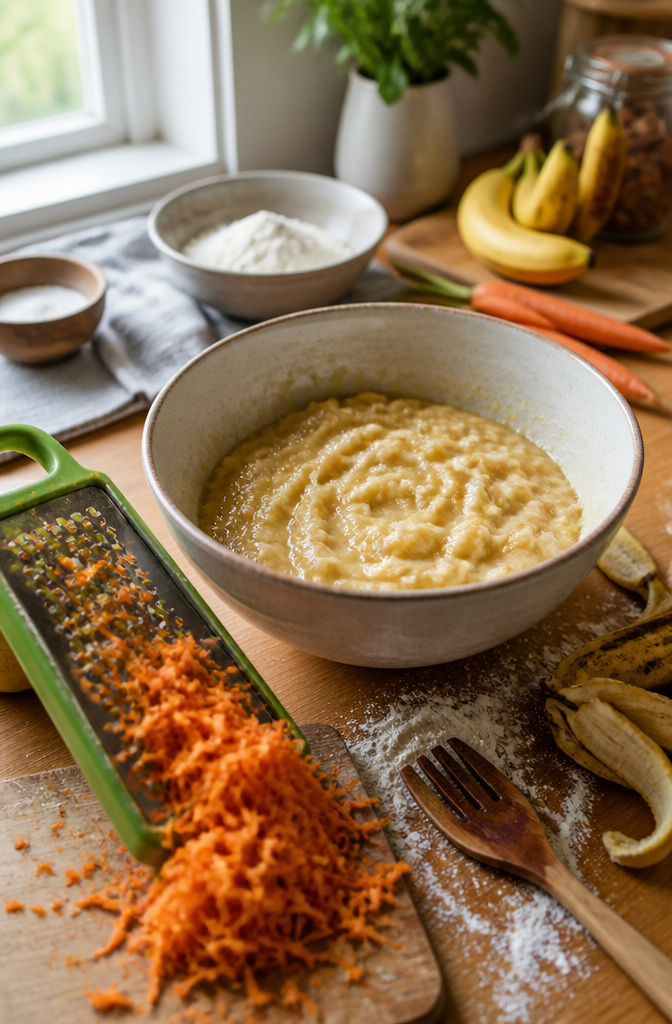 Carrot Cake Banana Bread: 6 Variations for Different Diets (2026) 5 A bowl with mashed bananas and grated carrots on a floured countertop.