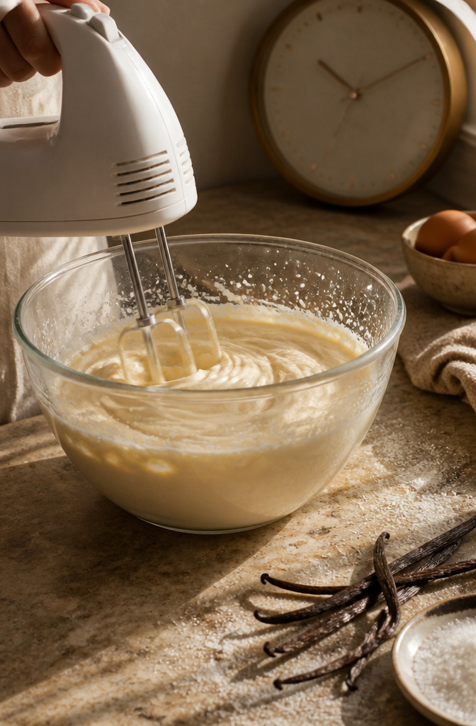 Fudgy Nutella Brownies: 7 Steps to the Best Batch (2026) 6 A hand mixer whips eggs, sugar, and vanilla in a glass bowl.