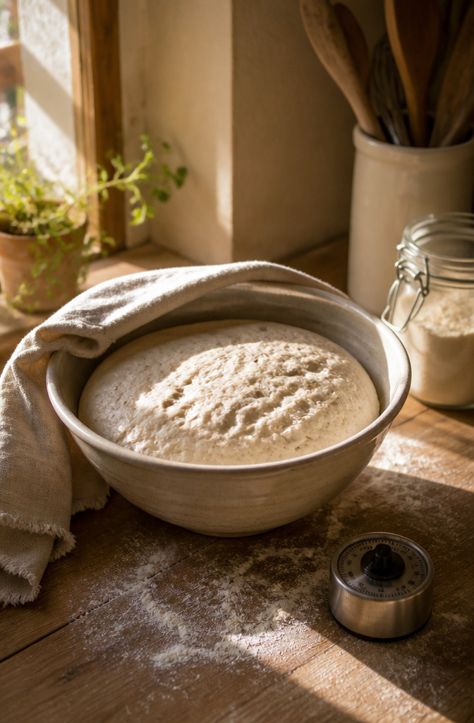 Bakery-Style No-Knead Ciabatta Bread: 2 Methods, One Recipe 6 Ciabatta dough rising in a bowl covered with a cloth.