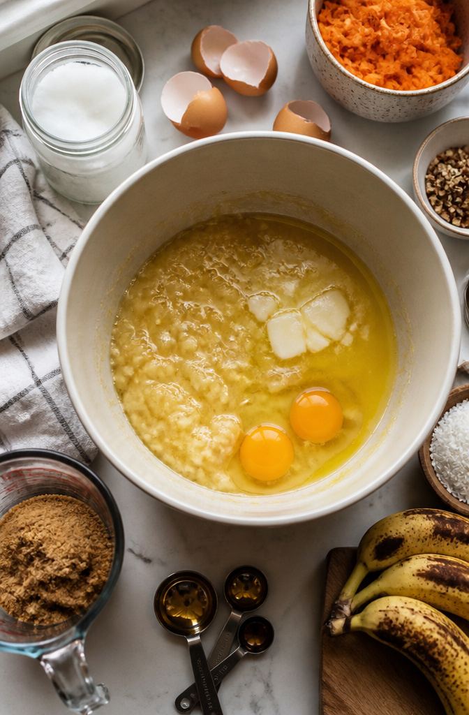Carrot Cake Banana Bread: 6 Variations for Different Diets (2026) 6 A mixing bowl filled with mashed bananas, eggs, and melted butter.
