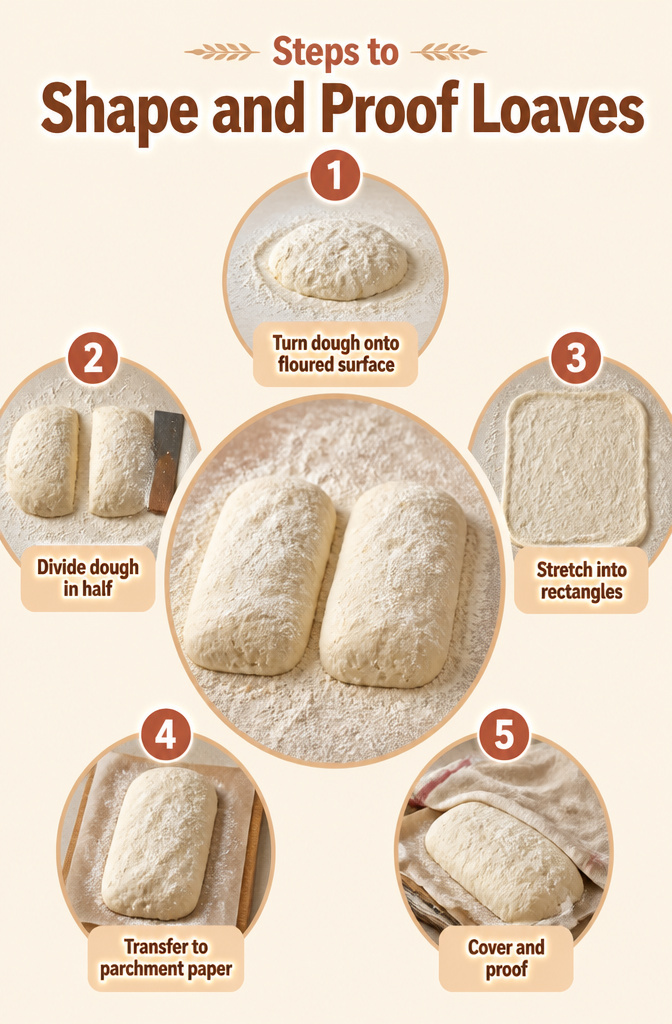 Bakery-Style No-Knead Ciabatta Bread: 2 Methods, One Recipe 7 Steps to shape ciabatta dough into loaves on a counter.
