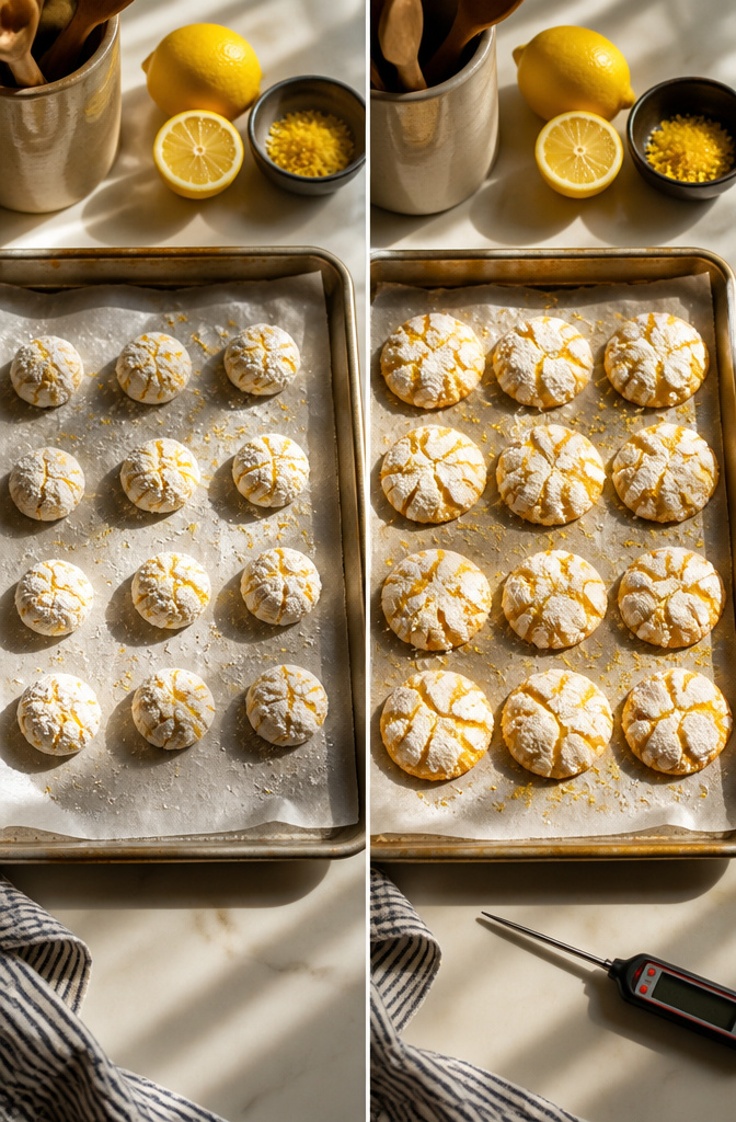Lemon Crinkle Cookies with Steps and Tips for 2026 7 Lemon crinkle cookies on a baking sheet, revealing their cracked sugar tops.