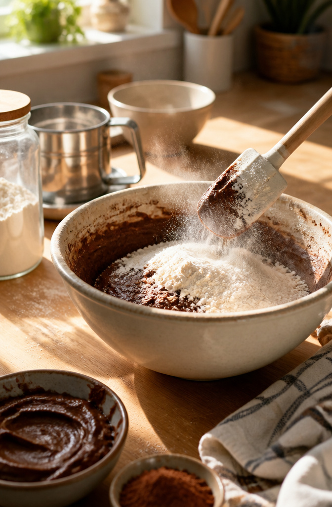 Fudgy Nutella Brownies: 7 Steps to the Best Batch (2026) 8 A mixing bowl filled with brownie batter and sifted flour nearby.