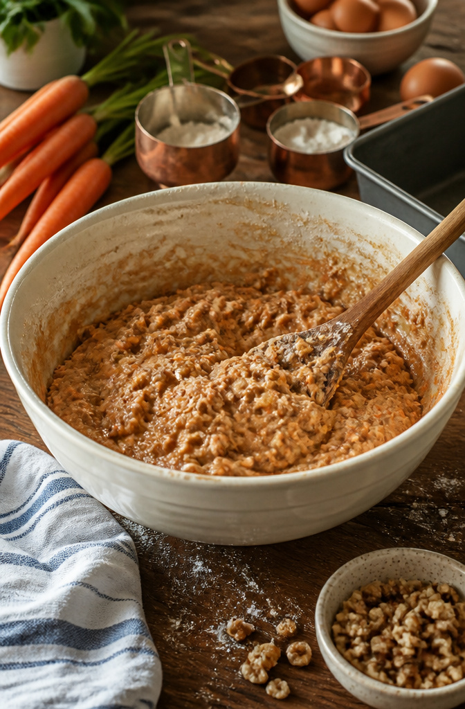 Carrot Cake Banana Bread: 6 Variations for Different Diets (2026) 8 A mixing bowl with lumpy batter showing carrot flecks and dry ingredients.