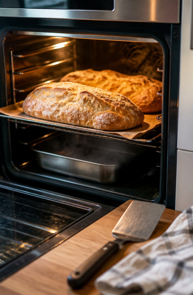 Bakery-Style No-Knead Ciabatta Bread: 2 Methods, One Recipe 8 Ciabatta loaves baking in the oven on parchment paper.