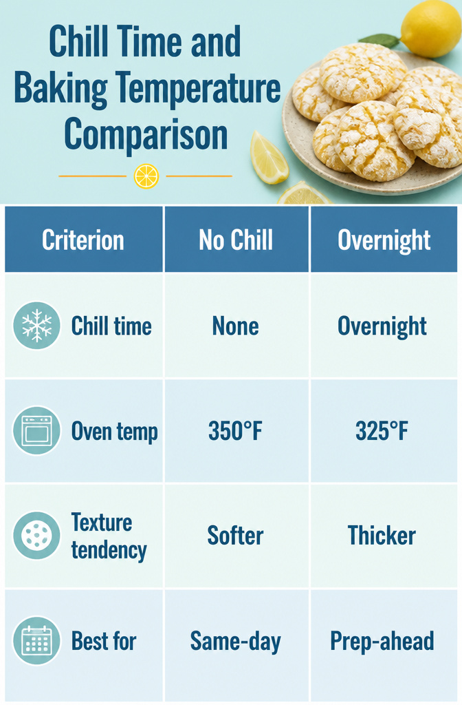 Lemon Crinkle Cookies with Steps and Tips for 2026 9 A table comparing chill times and oven temperatures for lemon crinkle cookies.