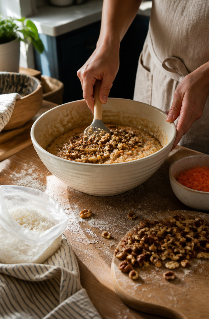 Carrot Cake Banana Bread: 6 Variations for Different Diets (2026) 9 A bowl of batter with walnut pieces being folded in.
