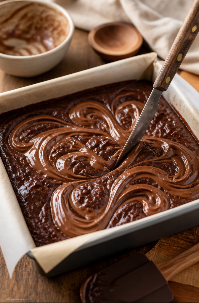Fudgy Nutella Brownies: 7 Steps to the Best Batch (2026) 9 Brownie batter in a pan with dollops of Nutella ready to swirl.